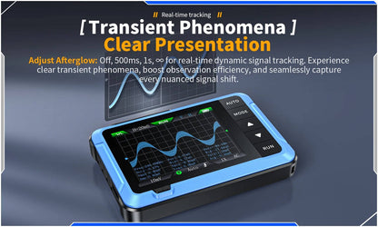 Belro portable digital oscilloscope resting on a sleepwear robe, showcasing its compact design and portable features.