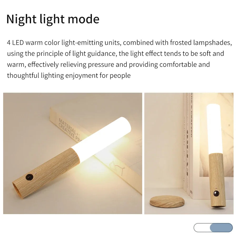 Belro wood grain motion sensor night light with magnetic base, showcasing a sleek night light with wood finish and magnetic attachment.