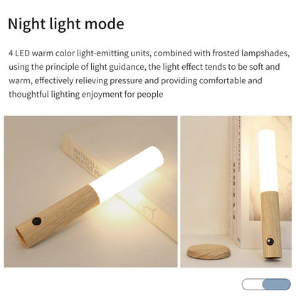 Belro wood grain motion sensor night light with magnetic base, showcasing a sleek night light with wood finish and magnetic attachment.