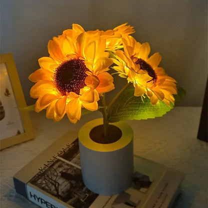 Belro rechargeable sunflower night light emitting warm glow, compact electronic LED night light for bedroom or bedside use.