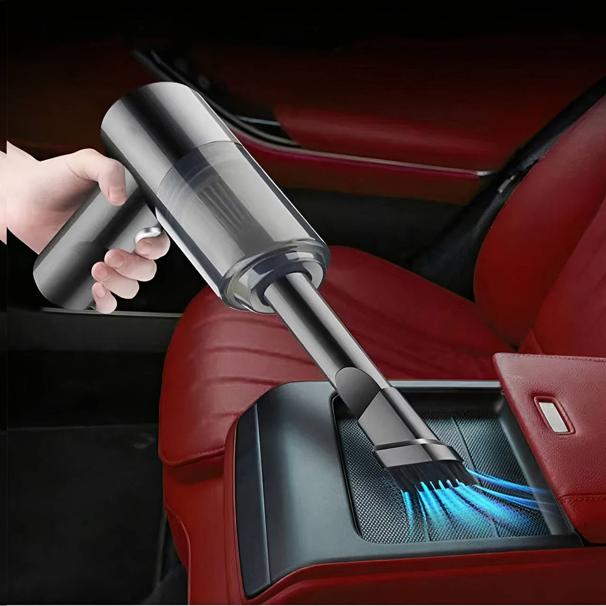 Belro cordless car cleaning vacuum cleaner with handheld design, black and gray, shown in a car interior cleaning scene.
