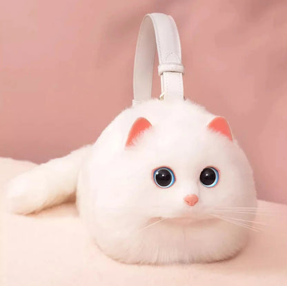 Belro one shoulder plush cat bag accessory with soft pink plush fabric and a cute cat face design.