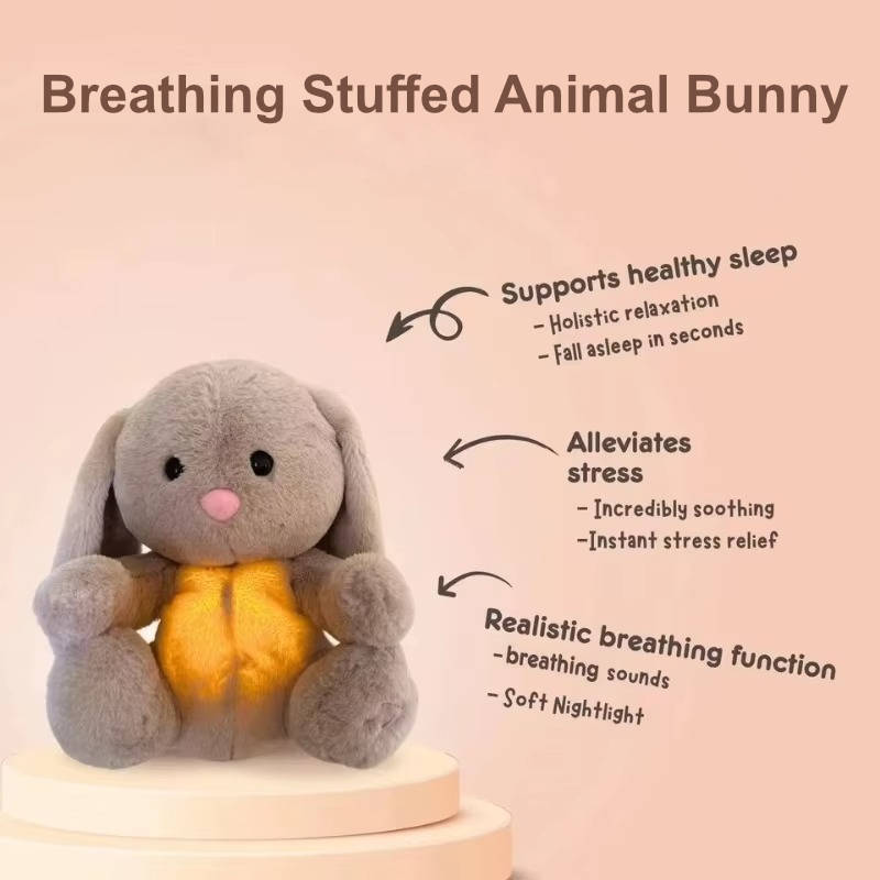 Belro Breathing Stuffed Animal Bunny wearing men's clothing, soft plush toy with detailed features and a cozy appearance.