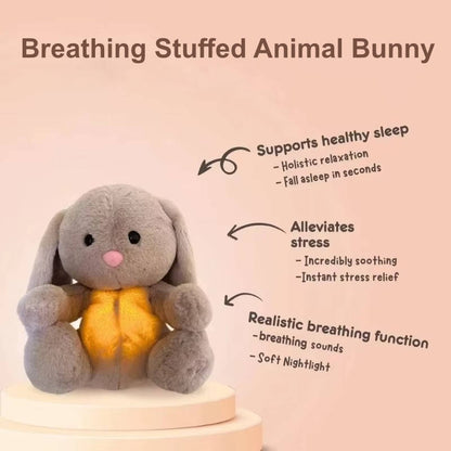 Belro Breathing Stuffed Animal Bunny wearing men's clothing, soft plush toy with detailed features and a cozy appearance.