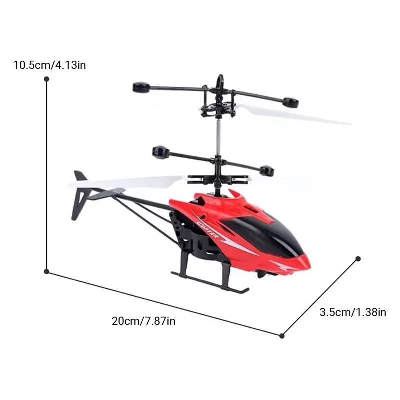 Belro RC helicopter toy flying with rotors spinning, green and black design, in mid-air against a clear sky.