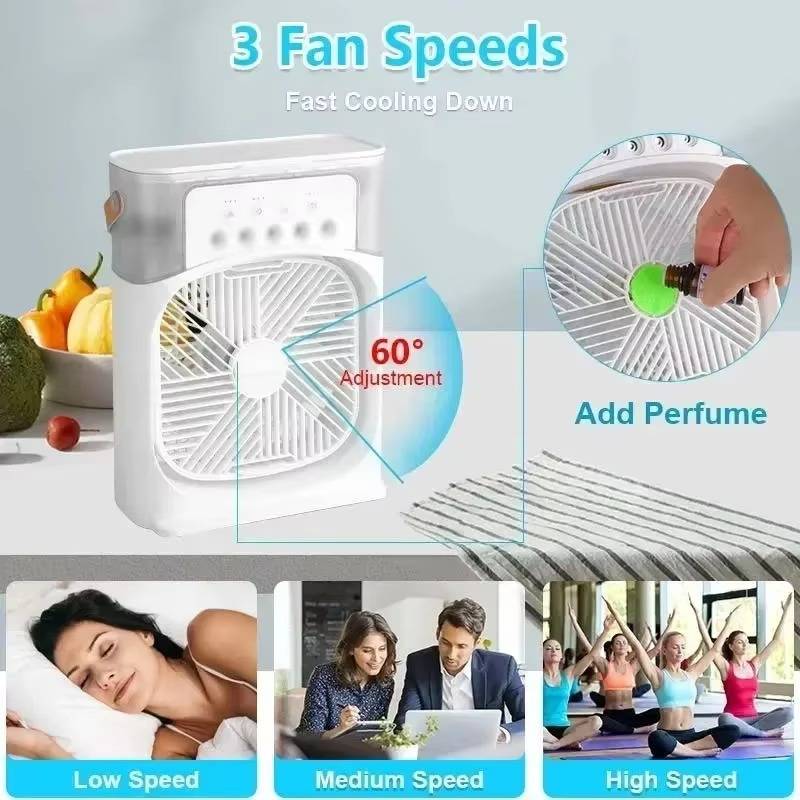 Belro desk fan with adjustable blades and control buttons, shown on a home office desk for cooling and air circulation.