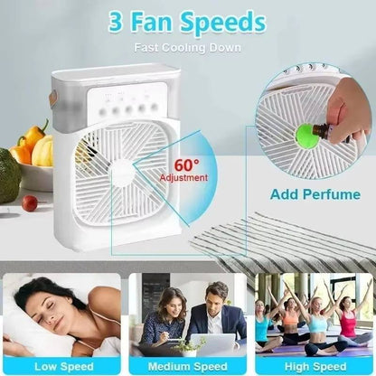 Belro desk fan with adjustable blades and control buttons, shown on a home office desk for cooling and air circulation.