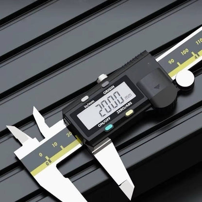 Belro digital caliper showing measurement display and stainless steel jaws, ideal for precise measuring in tools and hardware.