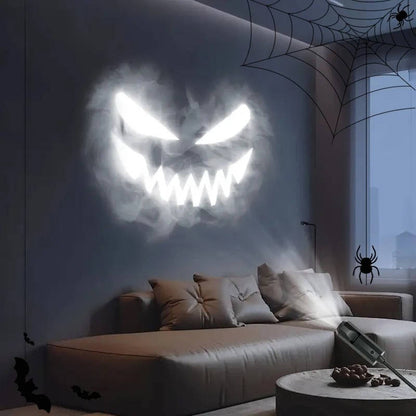 Belro Halloween light projector displaying spooky animated images on a wall during nighttime.