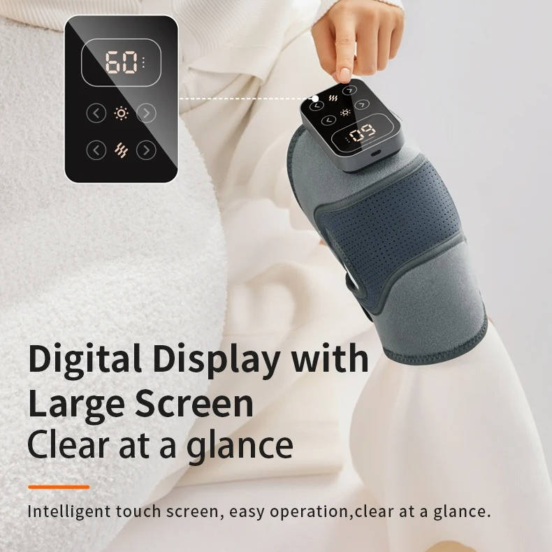 Belro cordless knee massager with heat and vibration, shown with suspenders for pain relief and muscle relaxation.