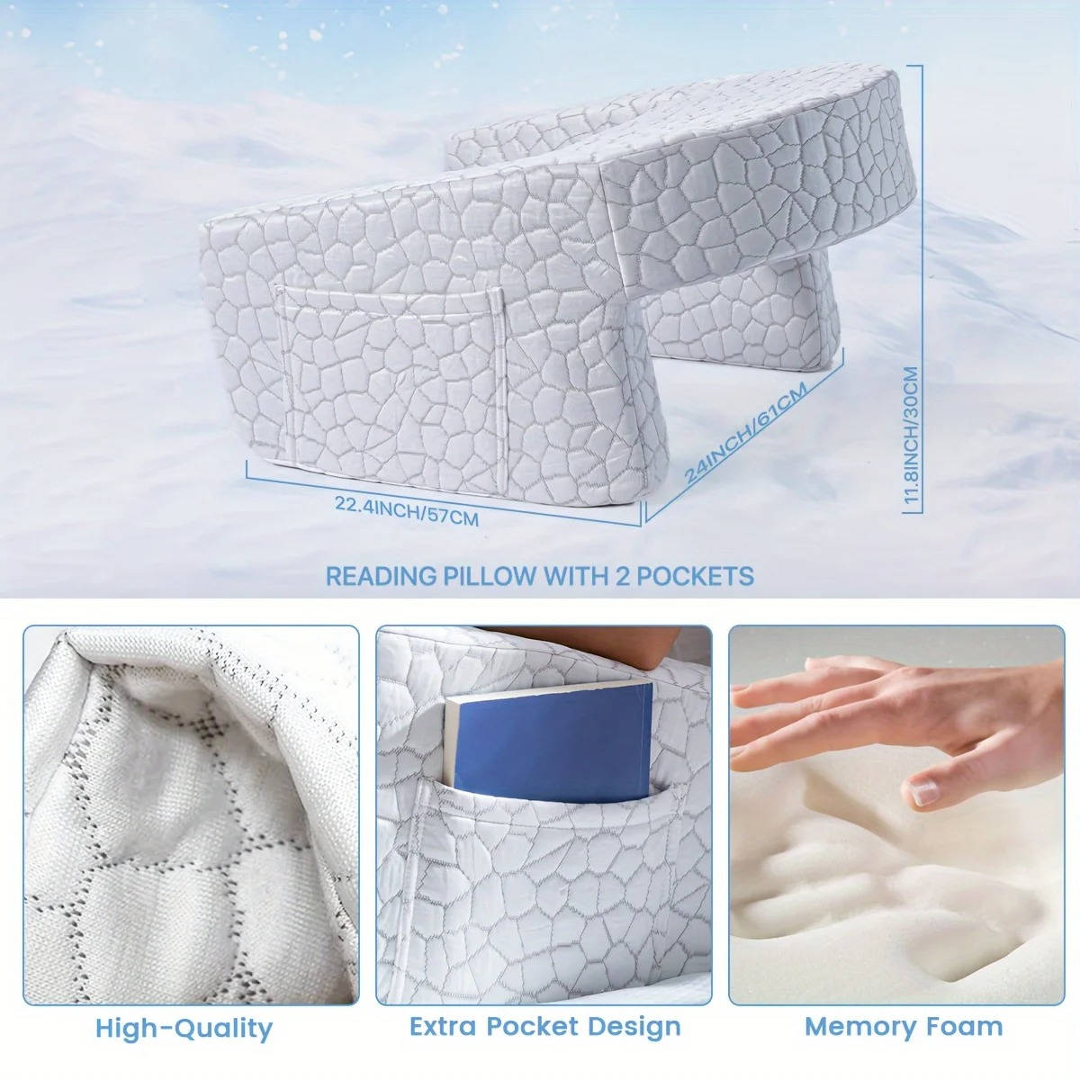 Belro reading pillow for bed with ergonomic design, soft fabric, and multiple support contours for comfortable reading or lounging.