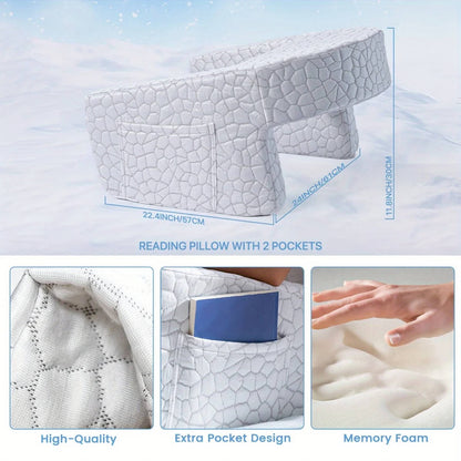 Belro reading pillow for bed with ergonomic design, soft fabric, and multiple support contours for comfortable reading or lounging.