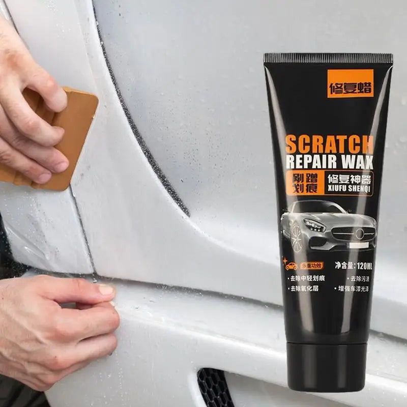 Belro Car Scratch Remover Wax for home and garden, shown in a container with application tools and a clean car surface.