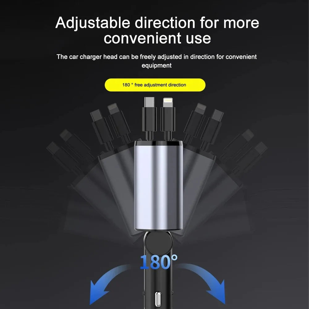 Belro 120W retractable car charger with USB ports for fast vehicle charging, shown plugged into a car's cigarette lighter socket.