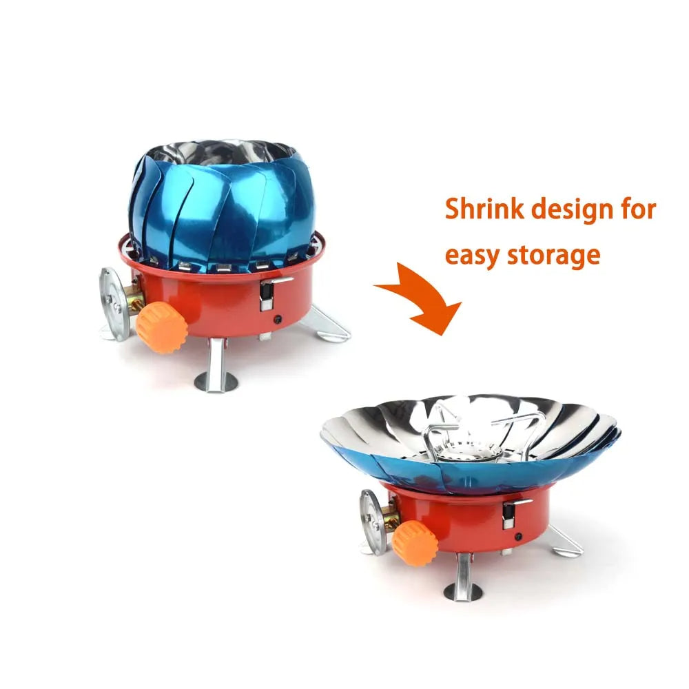 Belro windproof camping stove set up outdoors, compact and portable for camping and outdoor cooking.