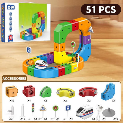 Belro magnetic train track toy with colorful train and track pieces for kids' play and imaginative fun.