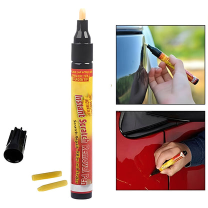 Belro Instant Scratch Removal Pen for home decor, showing the pen and a scratched wooden surface in a home setting.