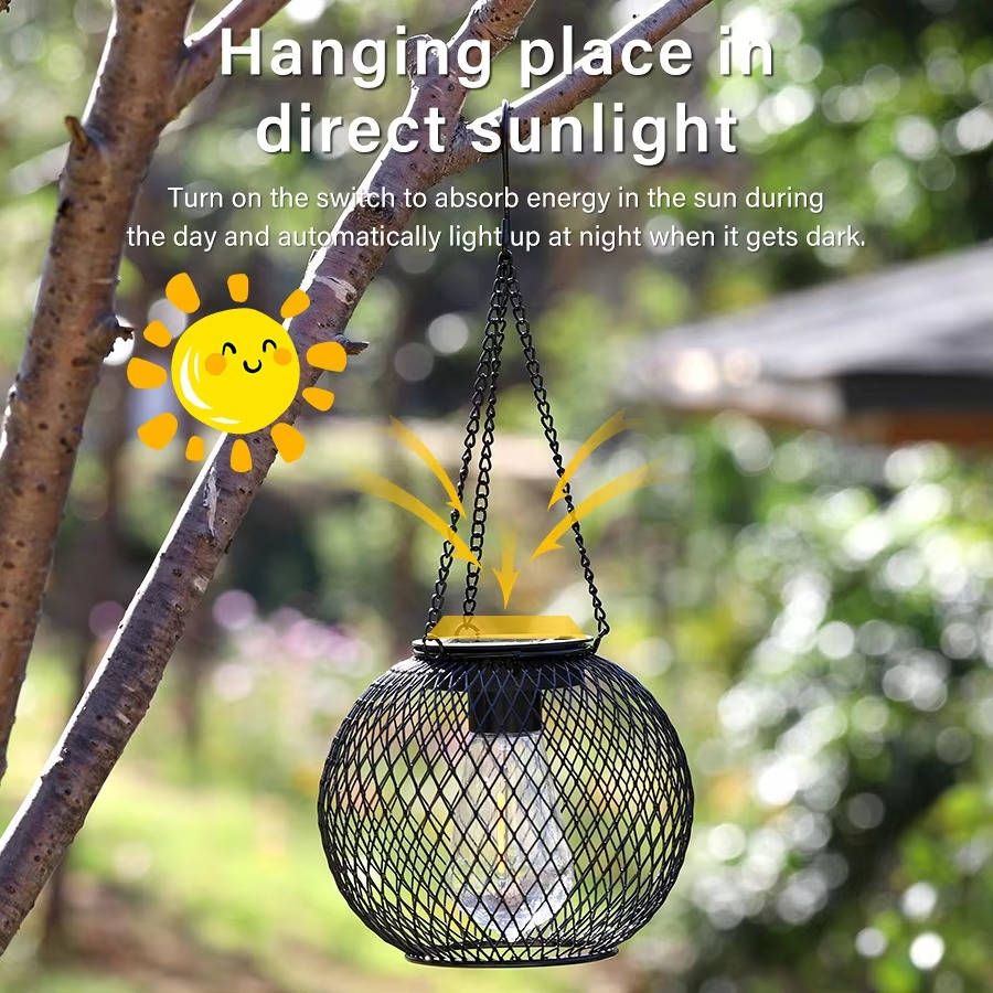 Belro outdoor solar hanging lantern with integrated LED light, designed as a decorative accessory for outdoor umbrellas and patio areas.