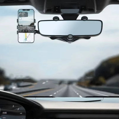Belro rotatable and retractable car phone holder mounted on a dashboard, holding a smartphone securely for easy access.