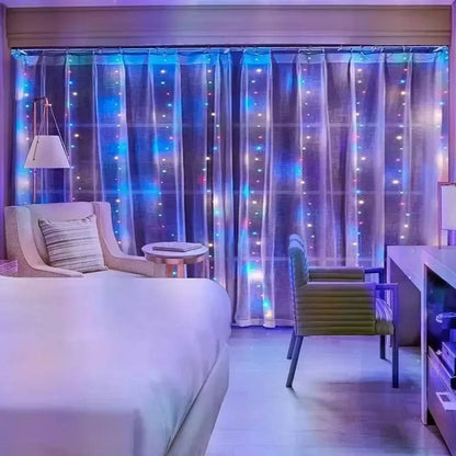Belro Curtain LED Lights for outdoor home and garden decor, showing a string of glowing LED lights hanging outdoors.