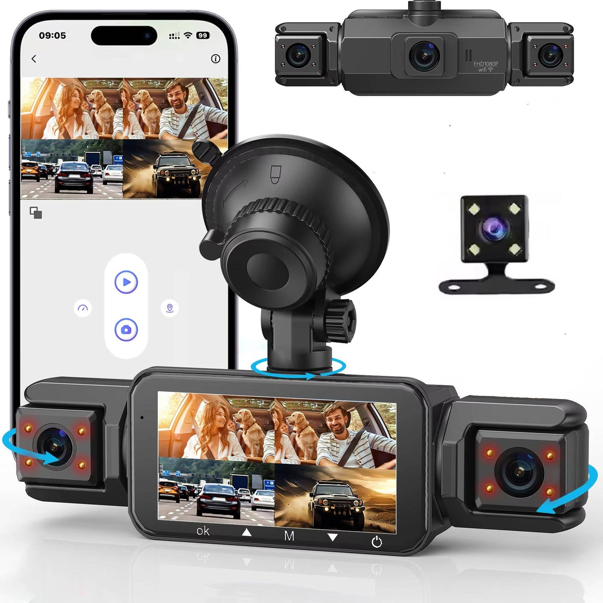 Belro wireless car dash cam with front and rear cameras and night vision, installed inside a vehicle for recording driving footage