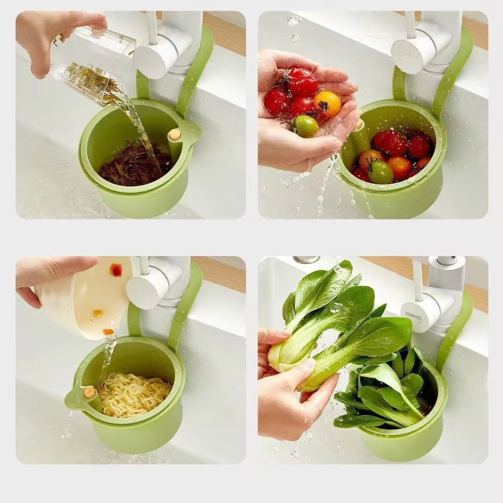 Mivoza hanging drain basket with two-part filter and one-click empty sink organizer for kitchen sink drainage.
