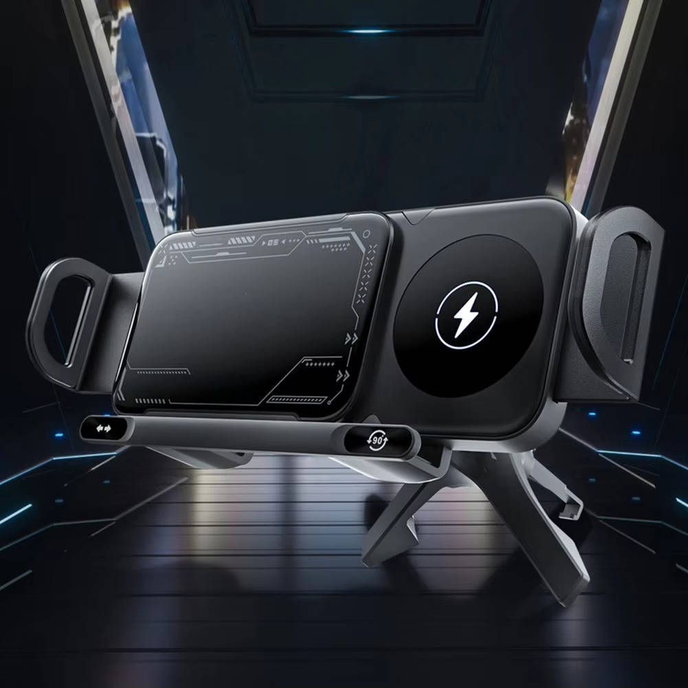 Belro wireless fast car charger plugged into a vehicle's cigarette lighter port with a phone and tablet charging simultaneously.