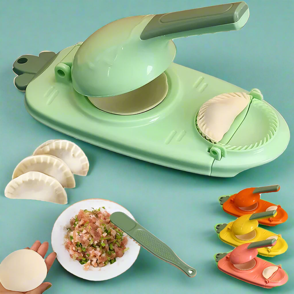 Belro 2-in-1 Dumpling Maker Machine for home kitchen, showing the device with dumpling dough and shaping plates in use.