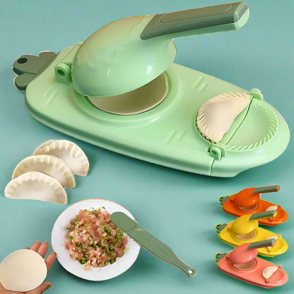 Belro 2-in-1 Dumpling Maker Machine for home kitchen, showing the device with dumpling dough and shaping plates in use.