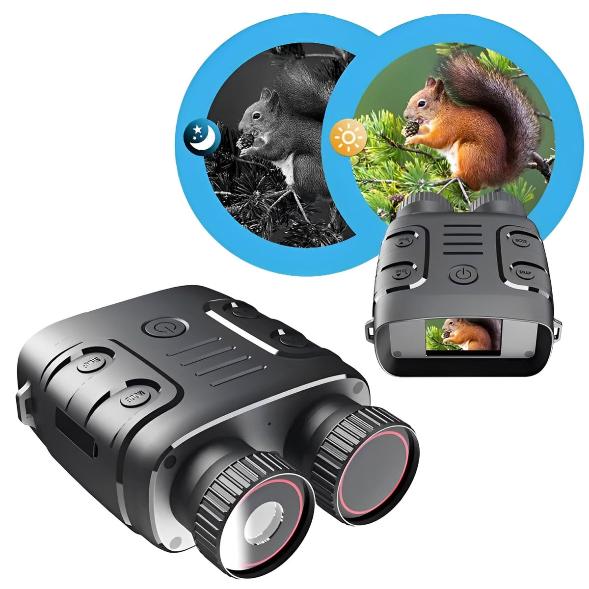 Belro night vision binoculars with integrated trail camera, featuring a lens and control buttons for wildlife observation and security.