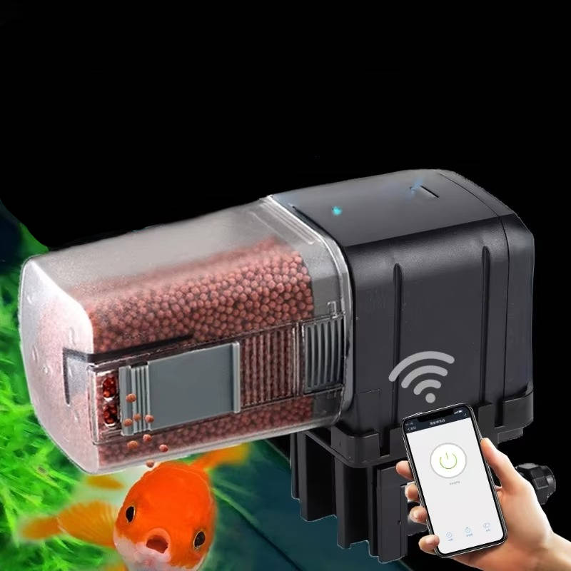 Automatic food feeder for fish by Belro, showing the device with adjustable settings and a container for fish food in a fish tank.