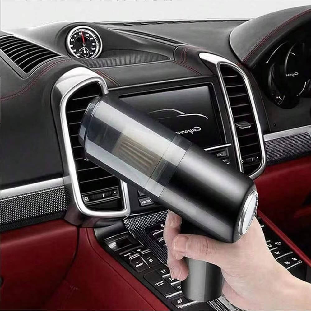 Belro cordless car cleaning vacuum cleaner with handheld design, black and silver finish, and attachments for interior cleaning.
