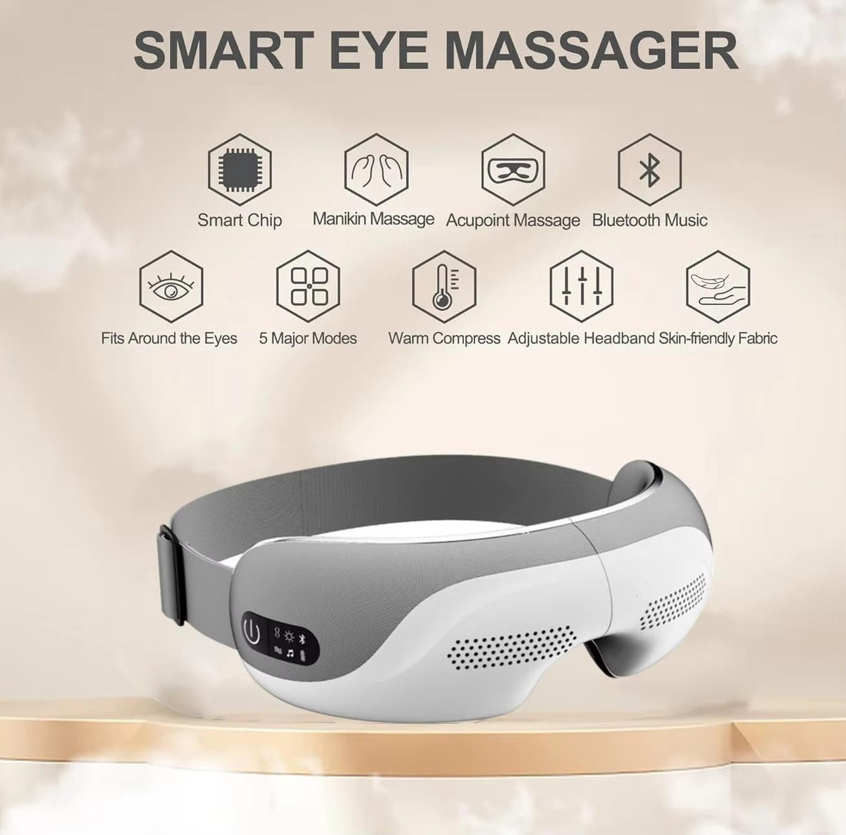 Belro eye massager device with adjustable straps and massage nodes for soothing eye relaxation and relief.