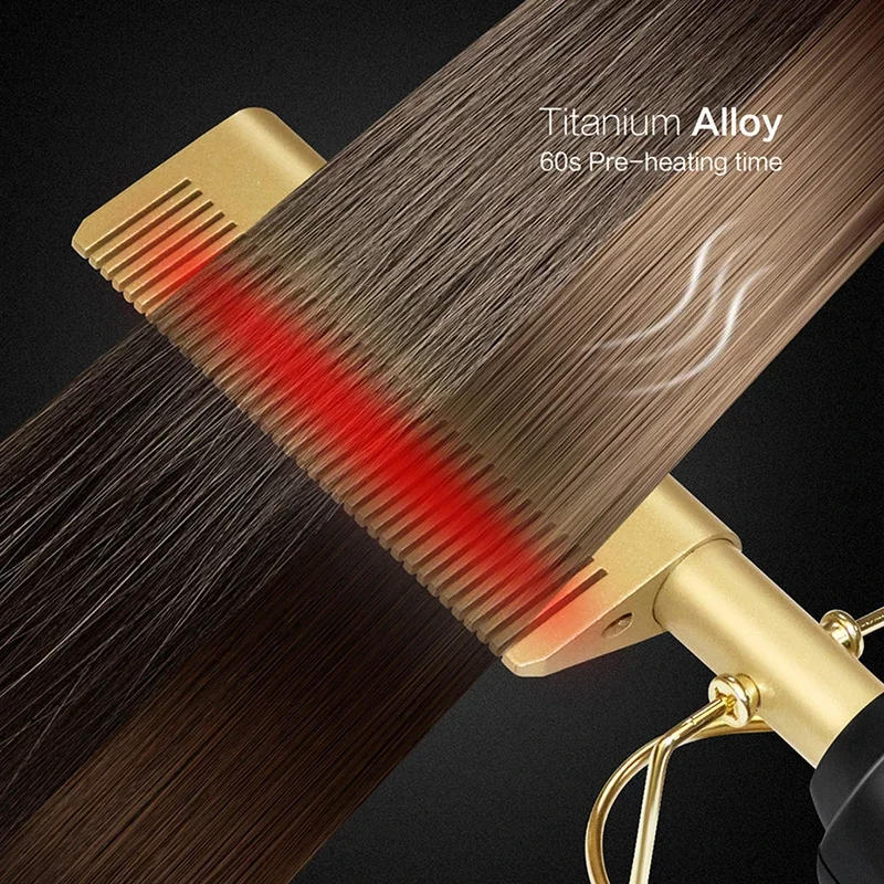 Belro hot comb for black, thick, and coarse hair, showcasing the heated styling tool with a black handle and metal heating plates.