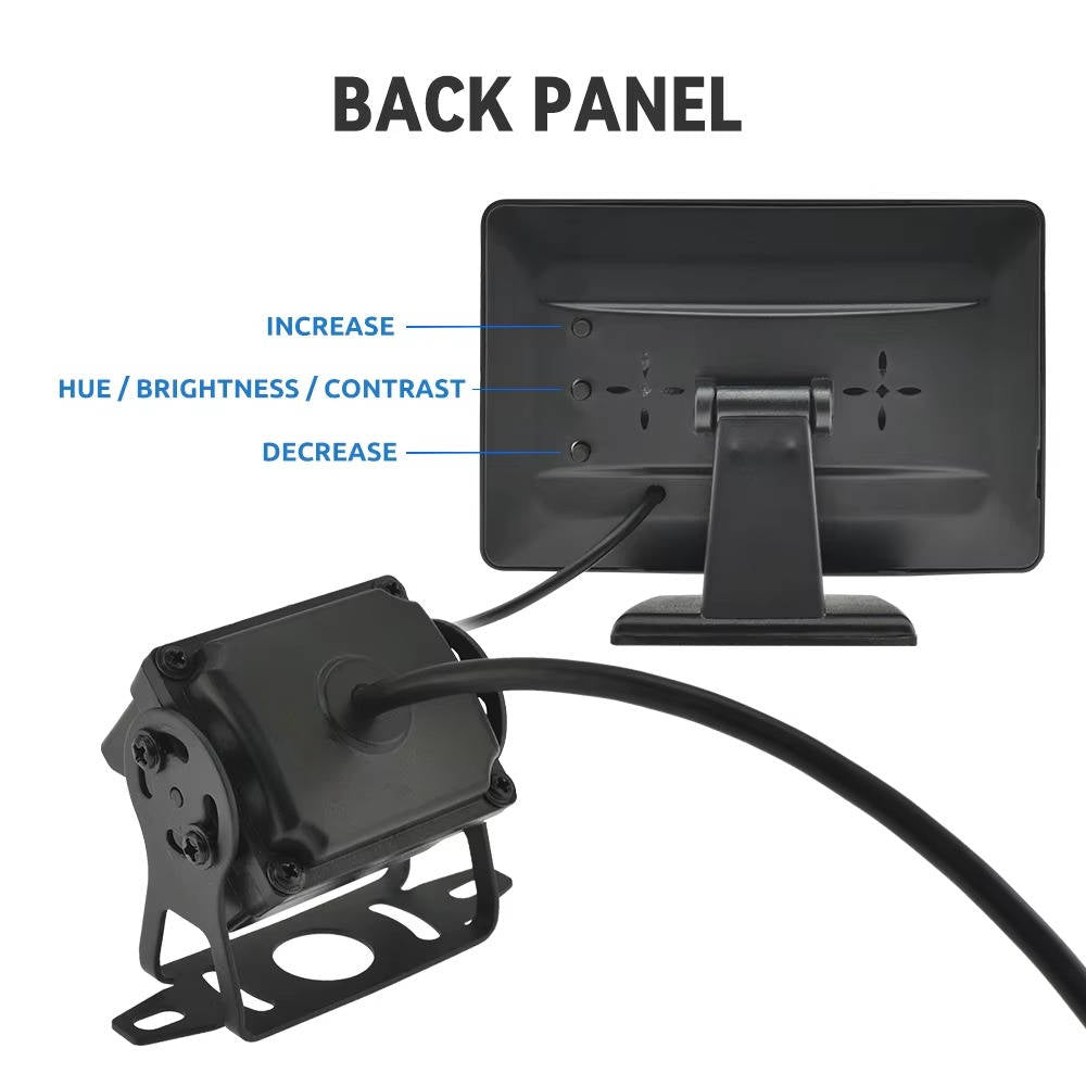 Wireless reverse camera for car or truck by Belro, showing the camera lens and wiring for vehicle rear-view monitoring.