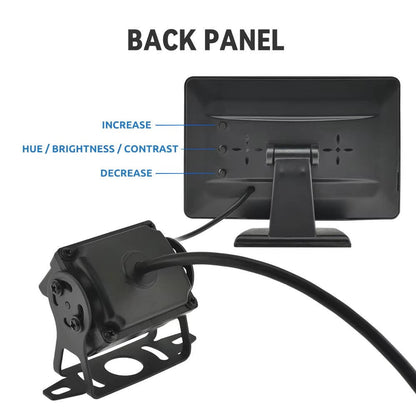 Wireless reverse camera for car or truck by Belro, showing the camera lens and wiring for vehicle rear-view monitoring.