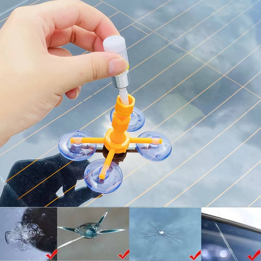 Belro glass crack repair kit for home and garden decor, showing tools and materials used to fix cracked glass surfaces.