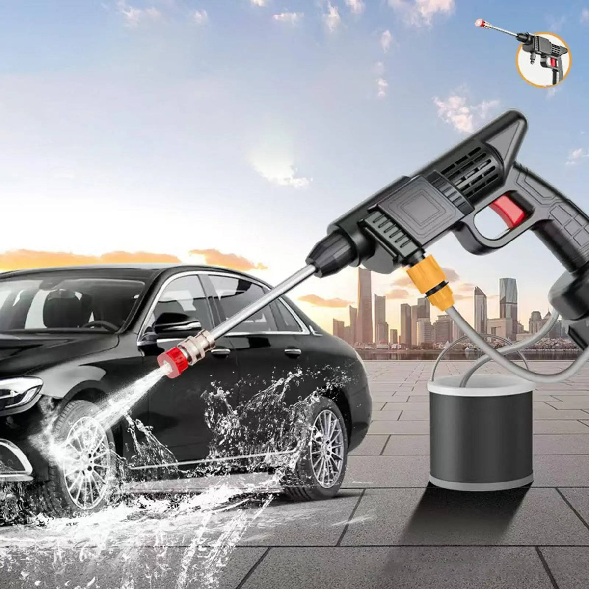 Belro cordless high pressure spray water gun set for cleaning cars, patios, and garden furniture, with ergonomic design and adjustable nozzle.