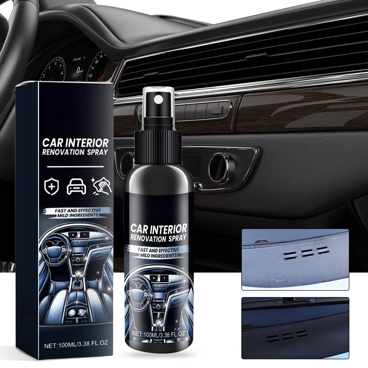 Set of three Belro professional car interior cleaners with spray bottles, showing clean car dashboard and upholstery surfaces.