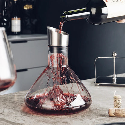 Belro 1500ml wine decanter with aerator for improved wine aeration, shown on a kitchen countertop with a glass of wine.