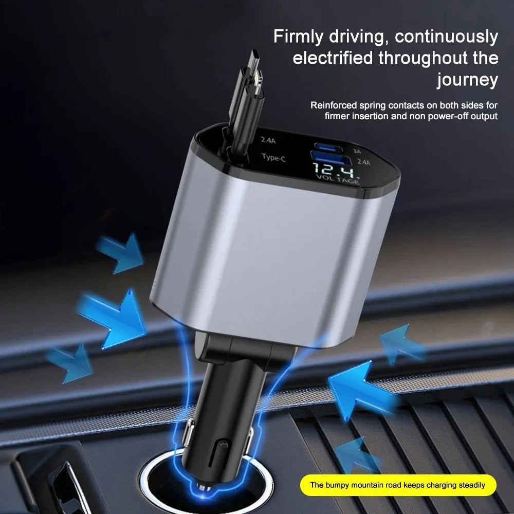 Belro 120W retractable car charger with USB port for fast charging, compact design, and durable construction for vehicle use.