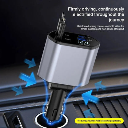 Belro 120W retractable car charger with USB port for fast charging, compact design, and durable construction for vehicle use.