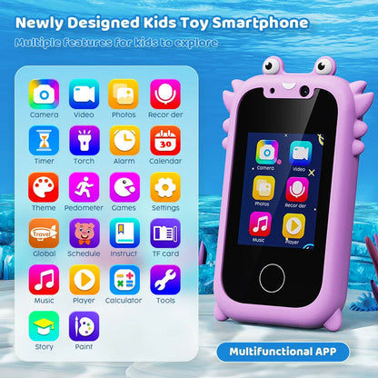 Kids smart phone learning toy by Belro, designed for children, featuring colorful buttons and playful pet-themed graphics.