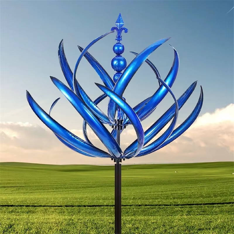 Colorful metal wind spinner by Belro for garden decor, featuring rotating blades and intricate design for outdoor decoration.