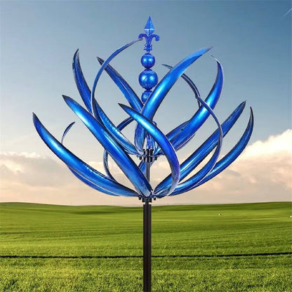 Colorful metal wind spinner by Belro for garden decor, featuring rotating blades and intricate design for outdoor decoration.