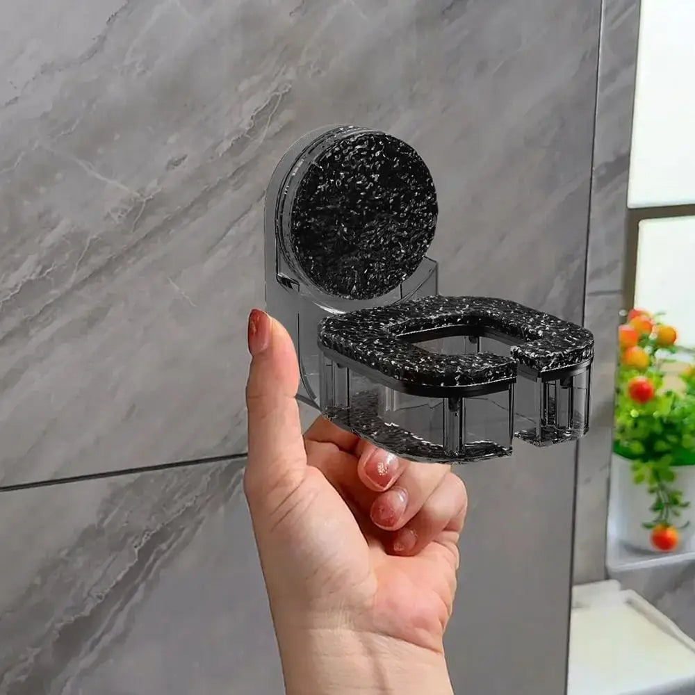 Wall-mounted Belro hair dryer holder with suction cup, shown attached to a bathroom wall, designed for convenient personal care storage