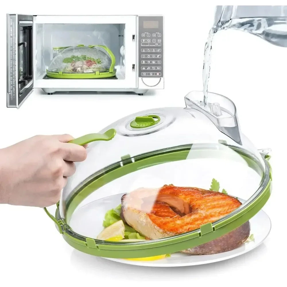 Belro microwave food cover with water steamer, transparent plastic lid with vent holes for steaming and preventing splatters.