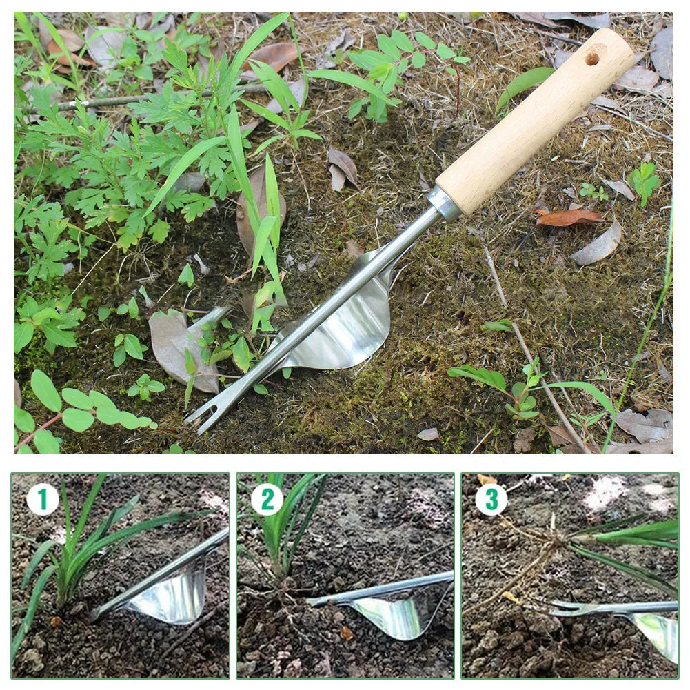 Belro V-shaped weed puller tool with long handle for garden weeding, designed for easy removal of weeds from outdoor garden beds.