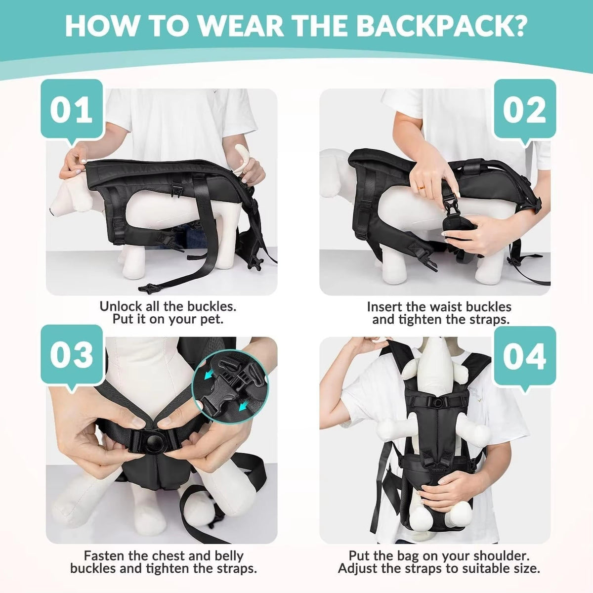 Belro dog carrying backpack with adjustable straps and mesh ventilation, designed for comfortable pet transport.