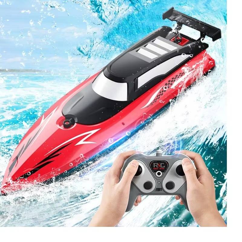 Belro RC boat toy floating on water with detailed hull and colorful design, suitable for outdoor water play and racing.